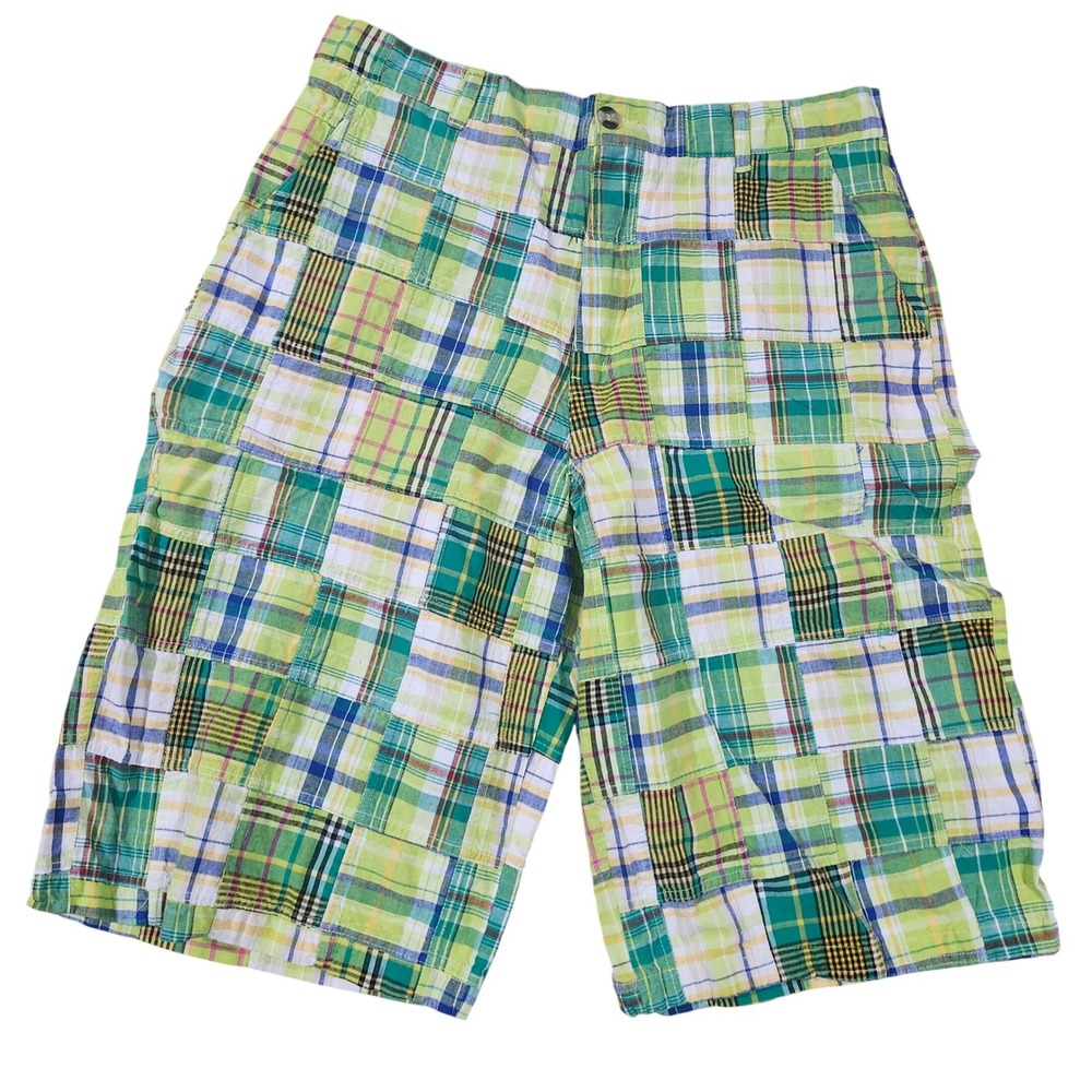 Vtg 90s Y2K‎ Madras Patchwork Baggy Long Shorts Jorts Men's 36 Green Blue DTek